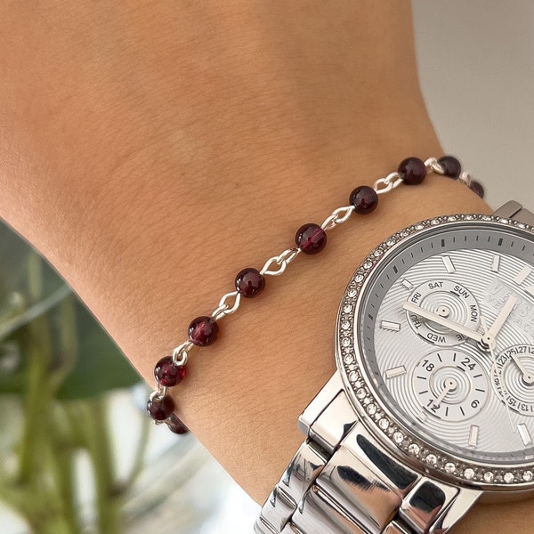 Silver garnet rosary bracelet, custom personalized gemstone gift