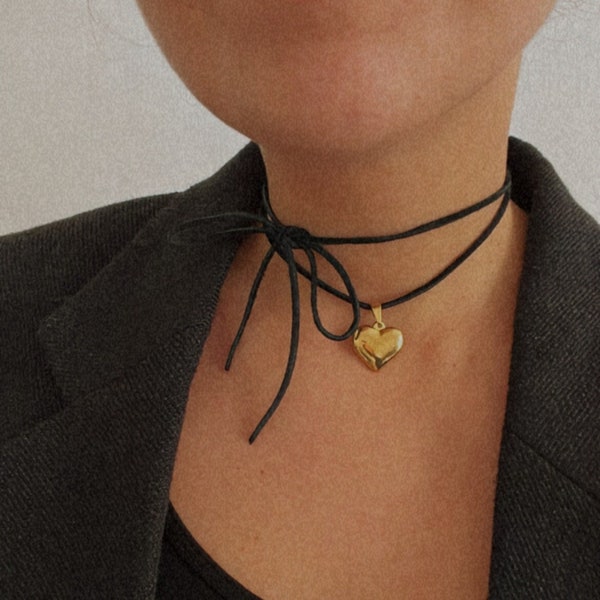 Faux suede necklace with heart pendant tie bow choker, Black cord y2k choker steel jewelry