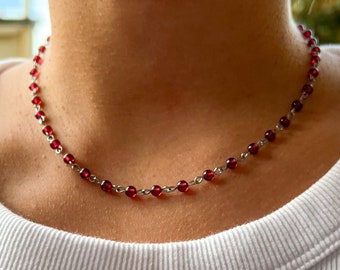 Garnet rosary necklace, Red bead necklace, Garnet beaded choker, Silver gift