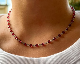Natural garnet rosary necklace, Red bead 90s necklace, Garnet beaded y2k choker, Silver anniversary gift for her