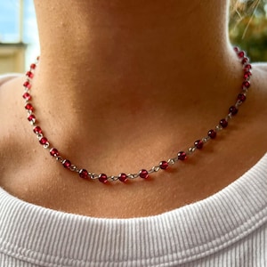 Collana rosario in granato naturale, collana anni &#39;90 con perline rosse, girocollo y2k con perline di granato, regalo per anniversario d&#39;argento per lei