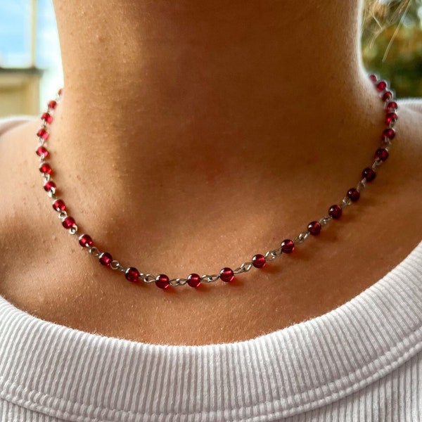 Garnet rosary necklace, Red bead necklace, Garnet beaded choker, Silver gift