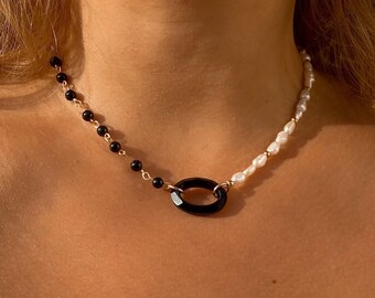 Obsidian Rosenkranz Halskette, Barock Perle Choker Kristall Schmuck Geschenk