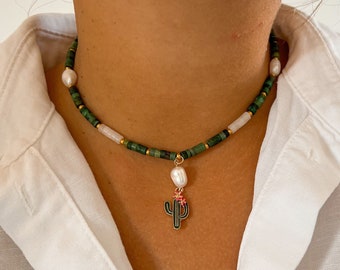 Stone necklace cactus jade bead with baroque pearl, Choker for everyday wear jewelry gift