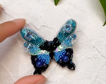 Beaded jewelry butterfly pin, Embroidered insect jewelry