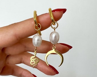 Pearl earrings, Snake Moon dangle mismatched earrings, Boho gold huggie set