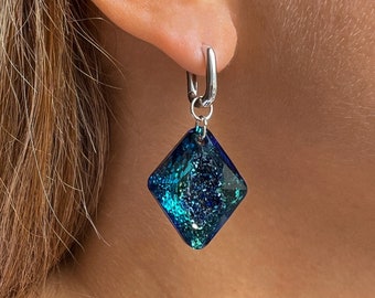 Mismatched huggie hoop earrings, 925 Silver unique crystal jewelry