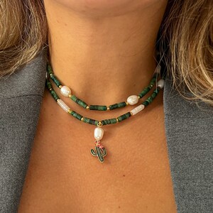 Collier en pierre perle de jade cactus avec perle baroque, tour de cou pour cadeau de bijoux à porter au quotidien image 3