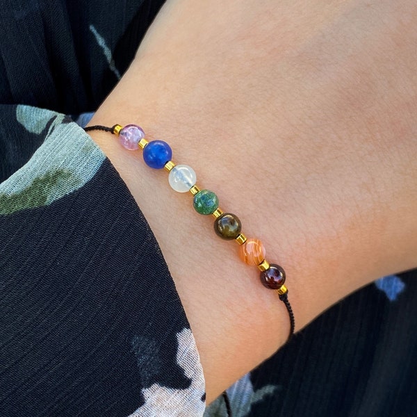 Stone bracelet 7 chakra dainty bead gift for woman, Yoga gemstone crystal present