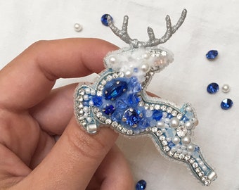 Original gift for her winter deer handmade embroidered brooch pin Rhinestone beaded jewelry for Christmas decoration stocking filler