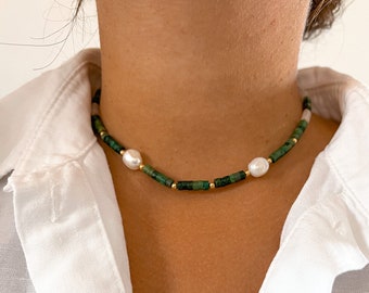 Stone necklace jade bead with baroque pearl choker for everyday wear, Cactus jewelry gift