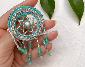 Hand embroidery crystal beads brooch, Crystal dream catcher gift for her with Swarovski gemstone, Beaded brooch pin