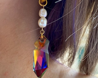 Gold huggie pearl Swarovski rainbow crystal earrings sterling silver