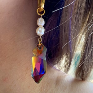 Gold huggie pearl Swarovski rainbow crystal earrings sterling silver image 1