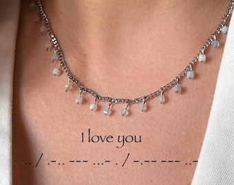 Custom Morse Code Necklace with Natural Beryl or Apatite Stones, Personalized Stainless Steel Secret Message Jewelry for Her, Dainty Gift