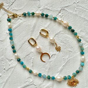 Pendientes de perlas, pendientes colgantes Snake Moon no coincidentes, conjunto de abrazos de oro Boho imagen 5