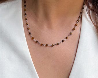 Tiger Eye Rosary Necklace: 90s Beaded Gemstone Choker, Sterling Silver