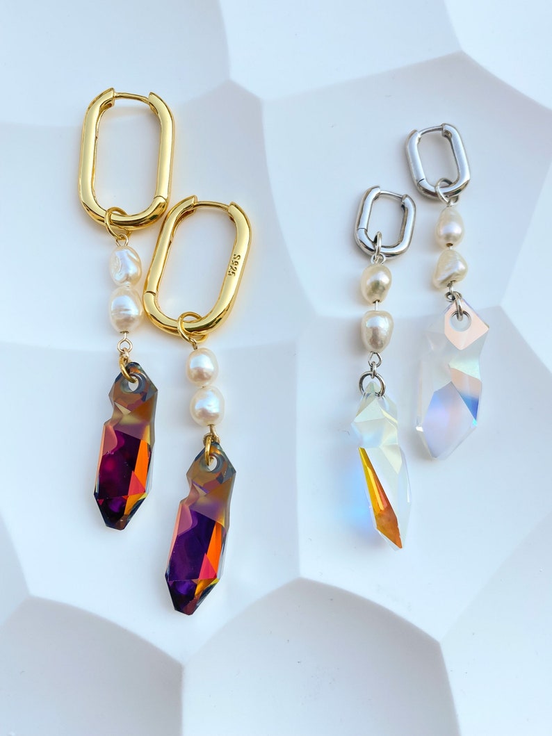 Gold huggie pearl Swarovski rainbow crystal earrings sterling silver image 2