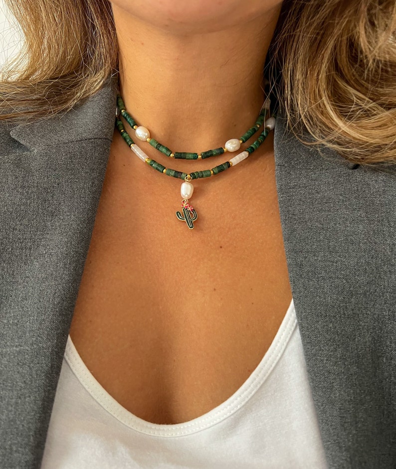 Collier en pierre perle de jade cactus avec perle baroque, tour de cou pour cadeau de bijoux à porter au quotidien image 3