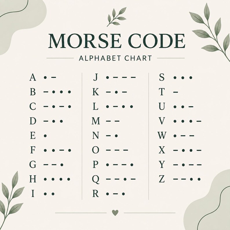 May include: A Morse Code alphabet chart printed on a light cream background with dark green text and leaf illustrations. The chart displays letters A through Z alongside their corresponding dot and dash sequences, organized in three vertical columns.