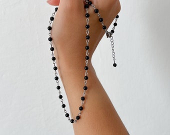 Black Onyx Rosary Necklace, Gemstone Beaded Chain, Minimalist Layering Necklace for Everyday Spiritual Wear