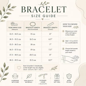 May include: A bracelet size guide chart featuring a table with wrist measurements in centimeters and recommended bracelet lengths in centimeters and inches. It includes instructions on how to choose a size, a handmade disclaimer, and icons.