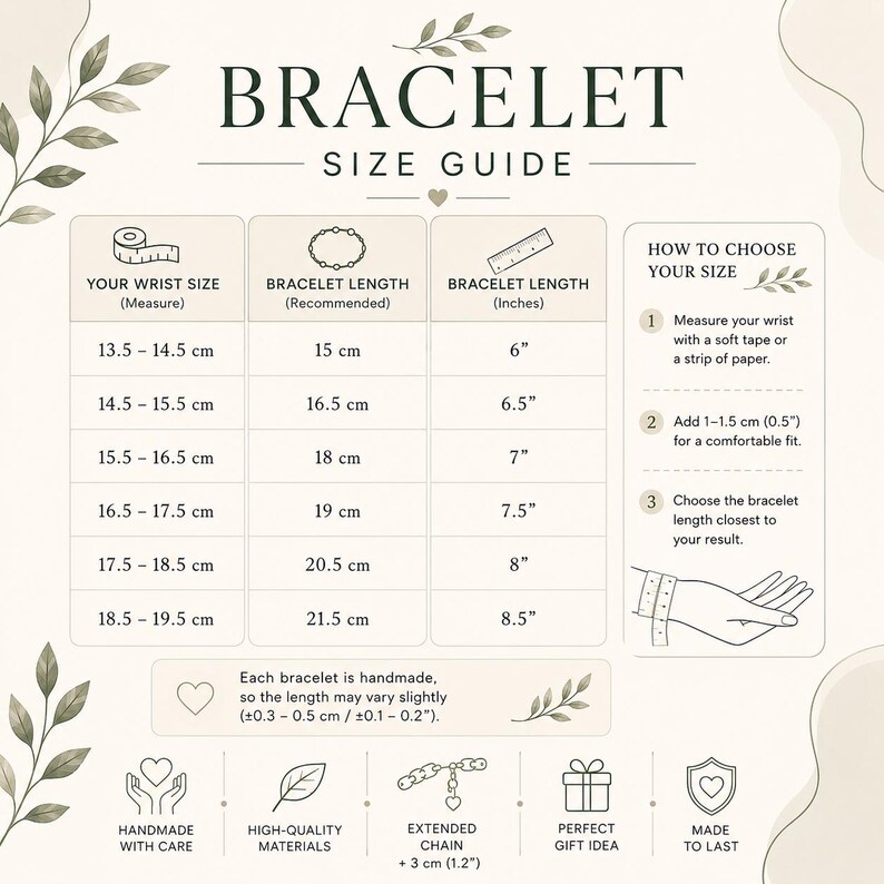 May include: A bracelet size guide chart featuring a table with wrist measurements in centimeters and recommended bracelet lengths in centimeters and inches. It includes instructions on how to choose a size, a handmade disclaimer, and icons.
