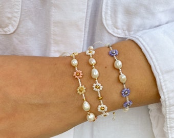 Daisy Pearl Flower Bracelet – Handmade Beaded Silk Cord Jewelry