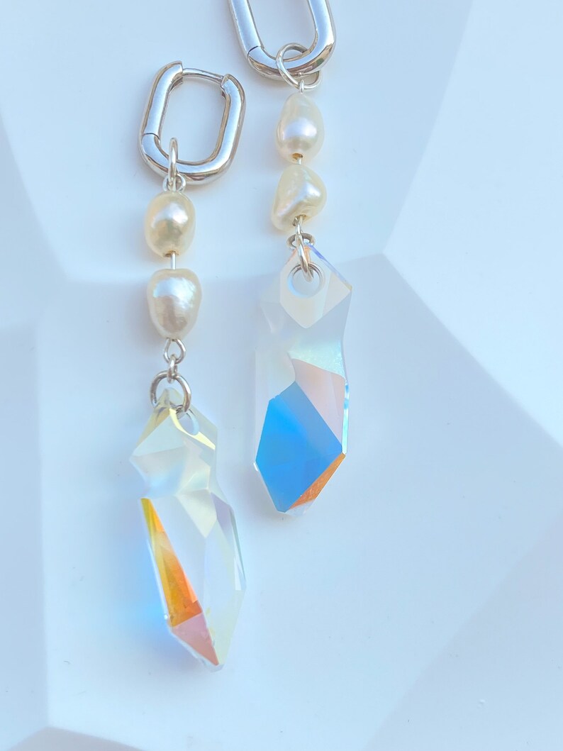 Gold huggie pearl Swarovski rainbow crystal earrings sterling silver image 9