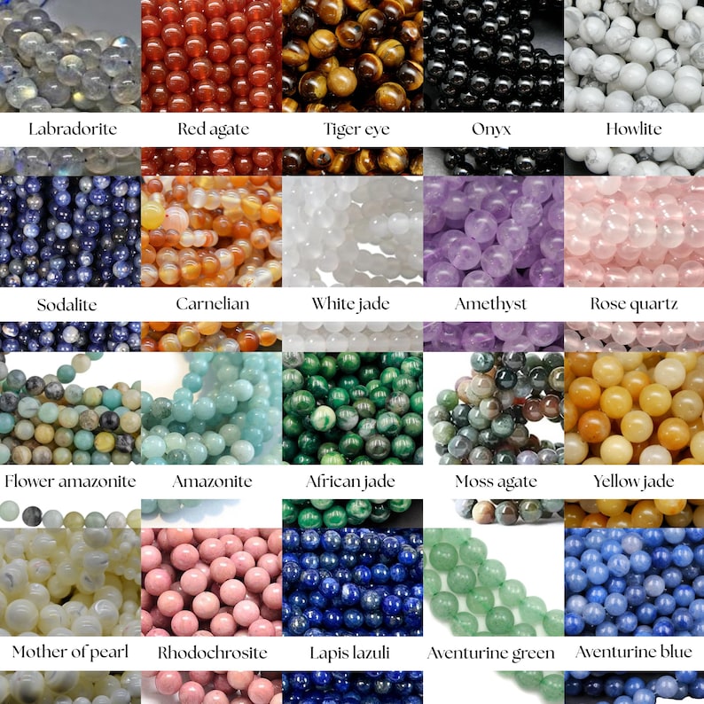 May include: A grid of twenty-five distinct types of round gemstone beads, each labeled with its name including Labradorite, Red agate, Tiger eye, Onyx, Howlite, Sodalite, Carnelian, White jade, Amethyst, Rose quartz, Flower amazonite, Amazonite, African jade, Moss agate, Yellow jade, Mother of pearl, Rhodochrosite, Lapis lazuli, Aventurine green, and Aventurine blue.