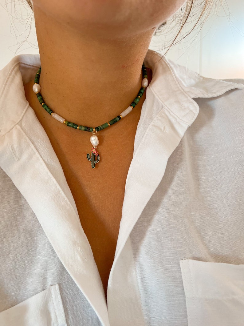Collier en pierre perle de jade cactus avec perle baroque, tour de cou pour cadeau de bijoux à porter au quotidien image 1