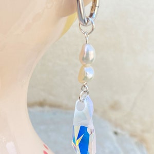 Gold huggie pearl Swarovski rainbow crystal earrings sterling silver image 8