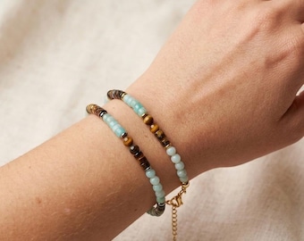 Morse Code Bracelet with Natural Gemstones, Custom Hidden Message Jewelry for Her, Personalized Eye Color Gift, Dainty Heishi Bead Bracelet