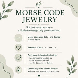 May include: An informational graphic titled MORSE CODE JEWELRY with dark green text and leaf illustrations on a cream background. It explains that Morse code uses dots and dashes to form letters, provides a LOVE example, and describes jewelry.