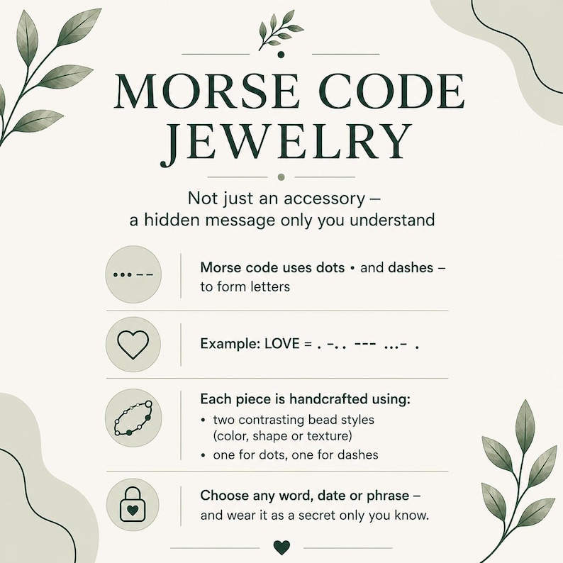 May include: An informational graphic titled MORSE CODE JEWELRY with dark green text and leaf illustrations on a cream background. It explains that Morse code uses dots and dashes to form letters, provides a LOVE example, and describes jewelry.