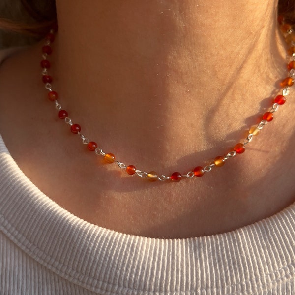 Karneol Rosenkranz Halskette, Silber Perlen Choker, Orange kundenspezifisches Geschenk