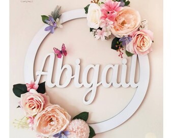 Details about / Personalised Name Hoop Circle Sign Wall Plaque Wood Nursery Flower Decor Painted