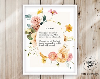 It Is Well With My Soul Lyrics | Hymn | Song | Watercolor Flowers | Floral | Religious | Digital Download | Design | Printable | Christian