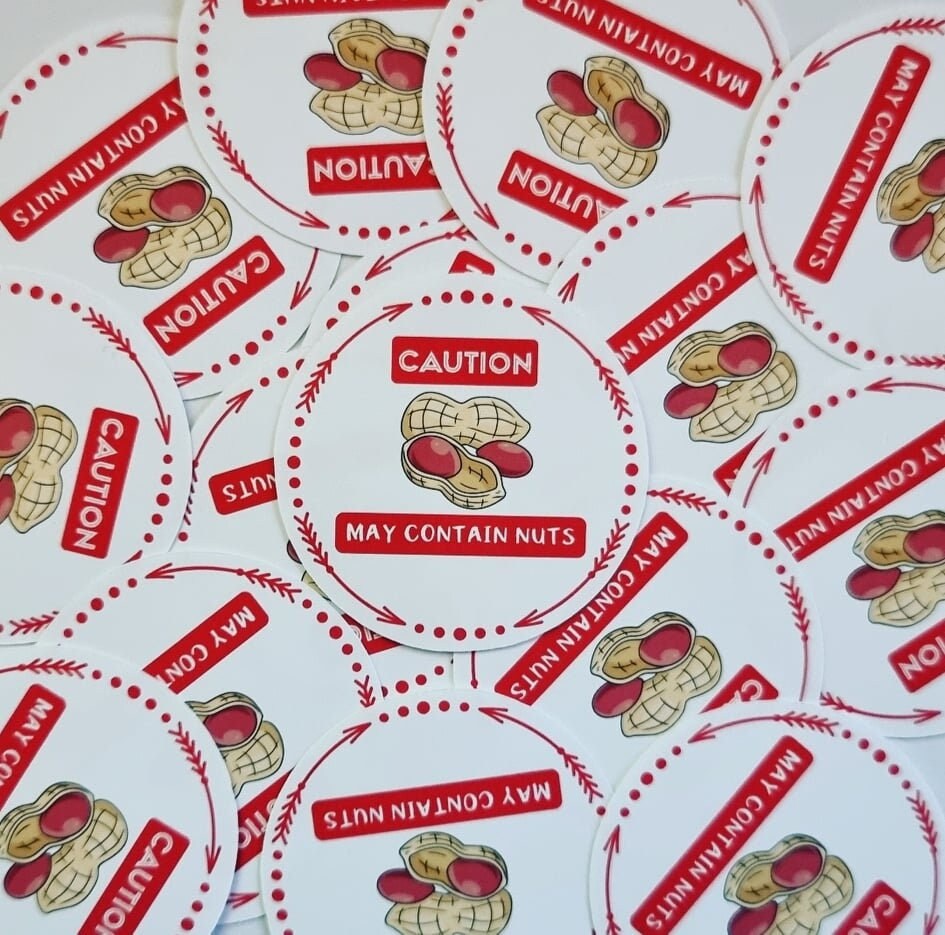 Package may contain nuts, Caution, Allergy Stickers, Allergic, Warning Sticker, Contain Nuts, Glossy Stickers, Packaging Warning, Monkey Nut