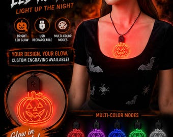 Custom Halloween LED Necklace – Personalized USB Rechargeable Glow Pumpkin Ghost Cat Witch Wizard Cosplay Jewelery