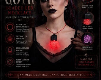 Custom Goth Beaded LED Necklace • Handmade Glow Pendant, Alt EBM Fashion
