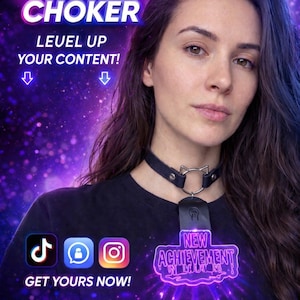 May include: A woman wearing a black choker with a silver cat-ear design and a glowing "New Achievement Unlocked" pendant. The image features text that reads "Custom Gamification Choker" and "Level Up Your Content!" with social media icons.