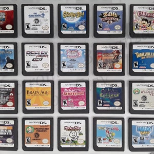 May include: A selection of Nintendo DS game cartridges, including titles such as "Guitar Hero," "The Sims 2," "Scooby-Doo!," and "Lego Harry Potter." The games are arranged in a grid, displaying their colourful game covers.