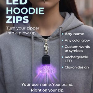 May include: A grey hoodie with a custom LED zipper pull. The LED displays the text "IT'S ROBOT" in purple. The image also includes text that says "CUSTOM LED HOODIE ZIPS" and "TIKTOK READY".