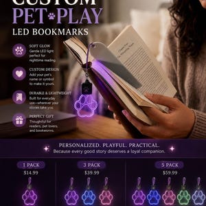 May include: A custom LED bookmark featuring a glowing paw print design. The bookmark includes a small square attachment with a paw icon, connected by a cord to a flat, light-emitting paw shape. Text includes LIGHT UP THEIR STORY, CUSTOM PET PLAY LED BOOKMARKS, and PERSONALIZED. PLAYFUL. PRACTICAL.