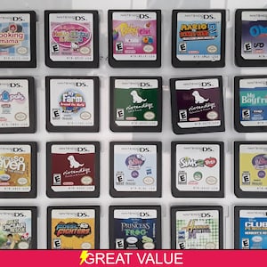 May include: A collection of 18 Nintendo DS game cartridges, displayed in a clear plastic case. The cartridges feature a variety of games, including "Cooking Mama", "Hello Kitty", "Baby Girl", "Mario Kart DS", "OMG", "Baby Pals", "My Farm", "Nintendogs", "That's So Raven", "Nintendogs", "Sims 2 Pets", "My Boyfriend", "Fossil Fighters", "Princess Frog", "Hannah Montana", "Club Penguin", and "Great Dinosaur Rescue".