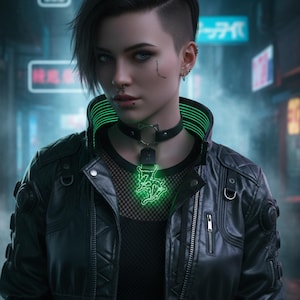 May include: A person wearing a black leather jacket with a green neon collar and pendant. The person has short, dark hair and multiple facial piercings. The background features neon signs, suggesting a futuristic or cyberpunk theme.