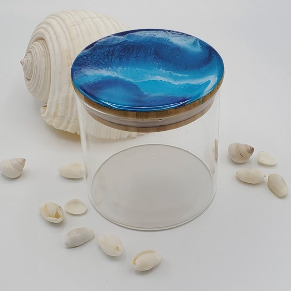 Glass cannister with painted lid, ocean like