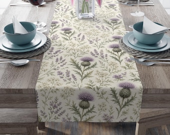 Thistle Floral Table Runner | Botanical Lavender Thistle Print Table Runner