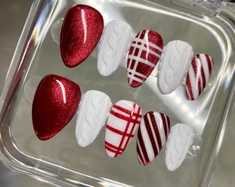 Fall Nails | Autumn Nails | Christmas Nails | Halloween Nails | Press on Nails | Fake nails | Glass Nails | red & white Nails |Sweater Nails